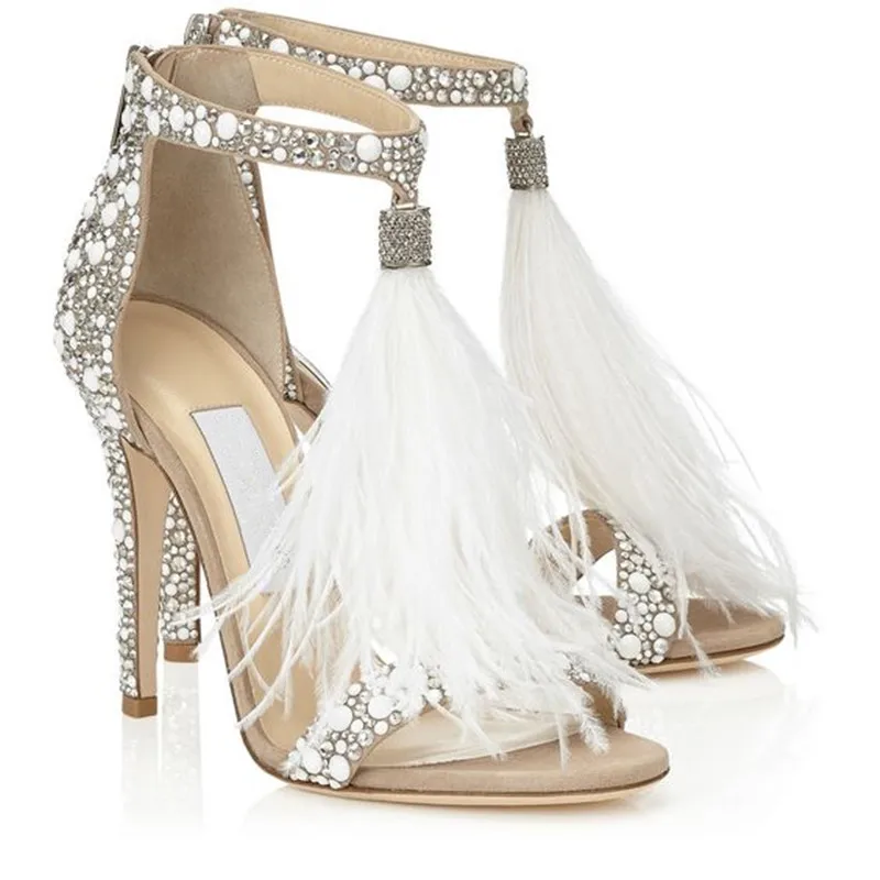 Mancuello Glam Crystal High Heels Bridal Wedding Shoes Front Feathers ...