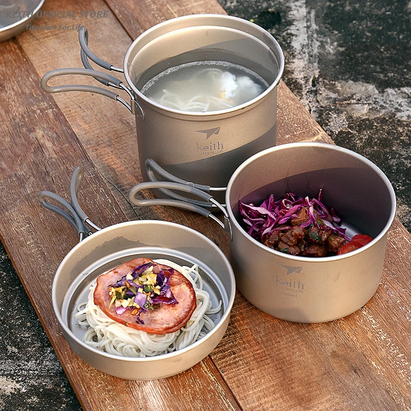 Utensilios de cocina para Picnic, Camping, Camping, mango plegable, ollas de titanio y cuencos
