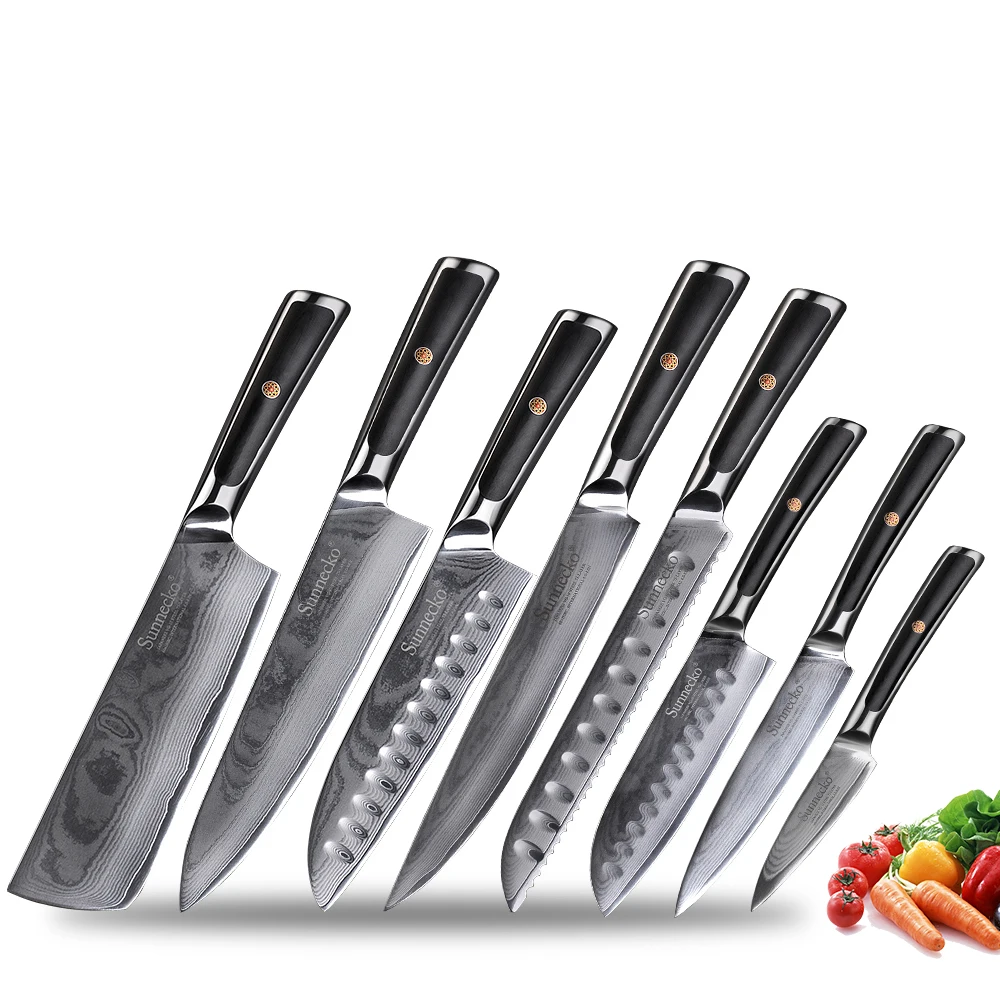 Sunnecko 1 - 8pcs Damascus Kitchen Knives Set Gift Box Chef Slicing Utility Paring Knife Japanese VG10 Steel G10 Handle Sharp