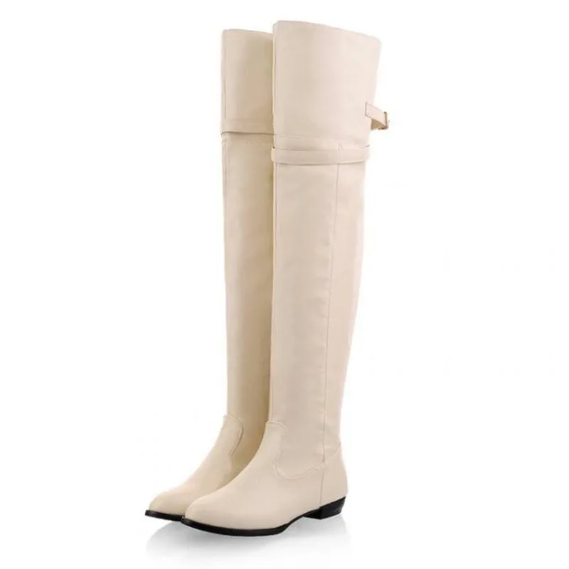 

2019 Autumn Winter Women Thigh High Boots Over the Knee Flat Botas Buckle Boots with Cashmere Chaussures Femme Plus Size 35-46