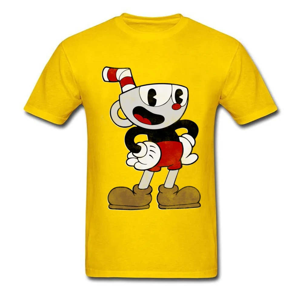 Cuphead Pose Cotton Fabric Tops & Tees for Men Hip hop T-Shirt Party Fashionable O-Neck Tops T Shirt Short Sleeve Cuphead Pose yellow