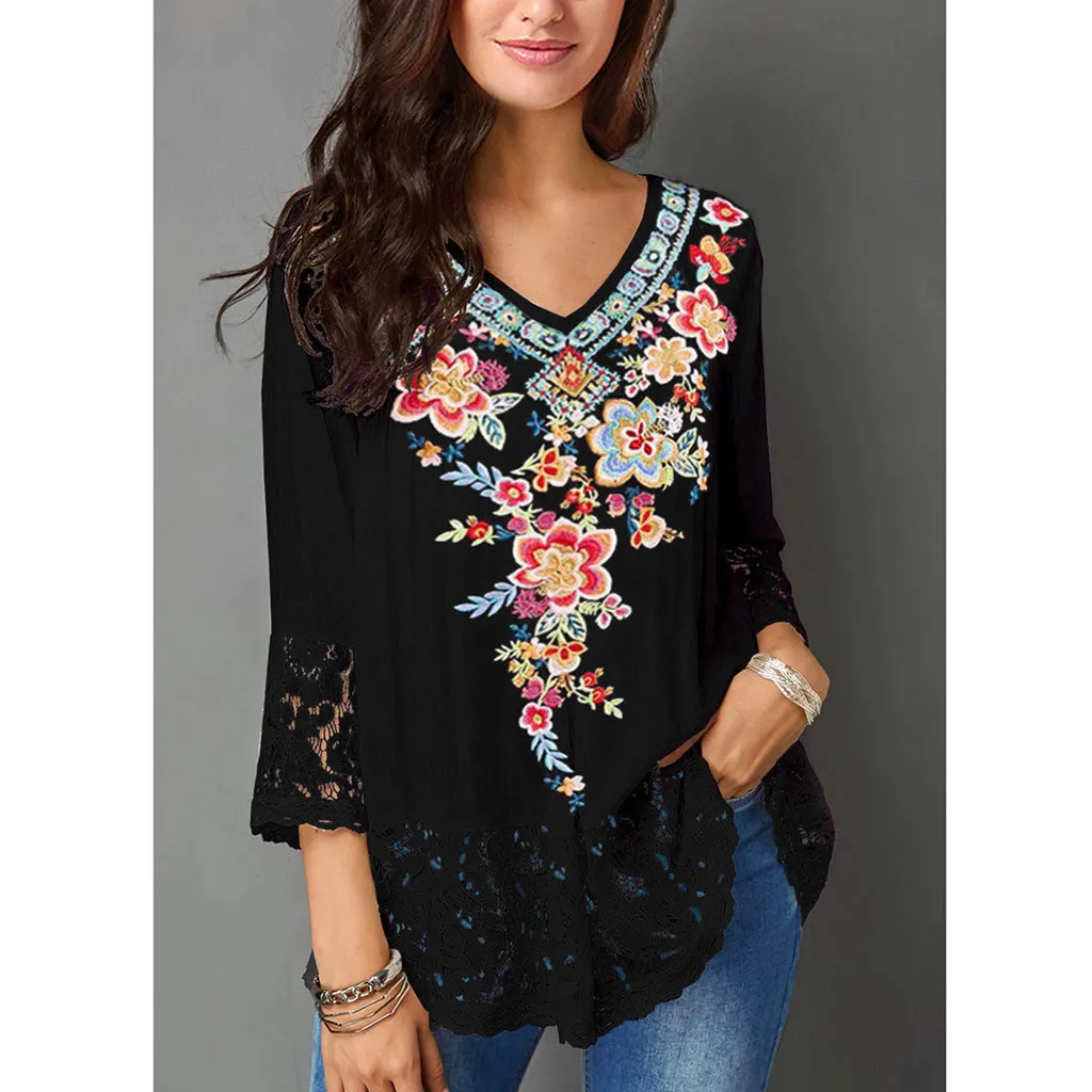 

Feitong Blouse Embroidery Women V-Neck Print Lace Three Quarters Blouse Shirt Summer Casual Tops 2019
