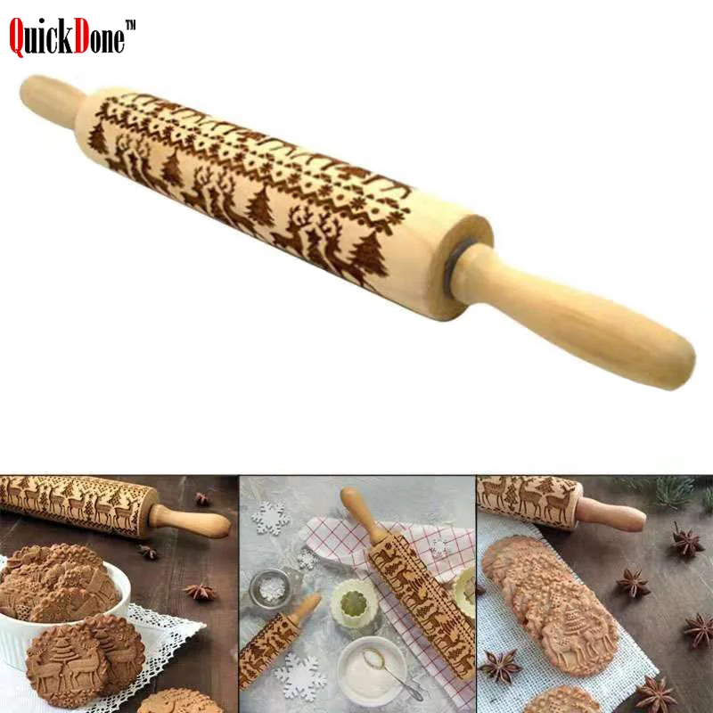 

QuickDone Christmas Embossed Rolling Pin Carved Baking Cookies Biscuit Fondant Cake Engraved Roller Reindeer Snowflake AKC6278