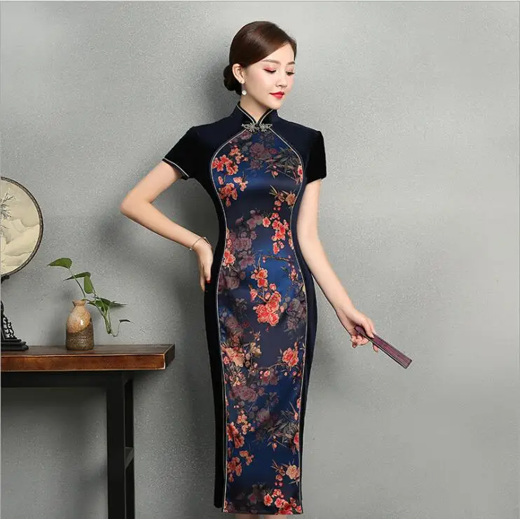 Китайский Винтаж Стиль Длинные cheongsam демисезонный короткий рукав Традиционный шить бархат моды ежедневно Qipao платье с цветочным рисунком