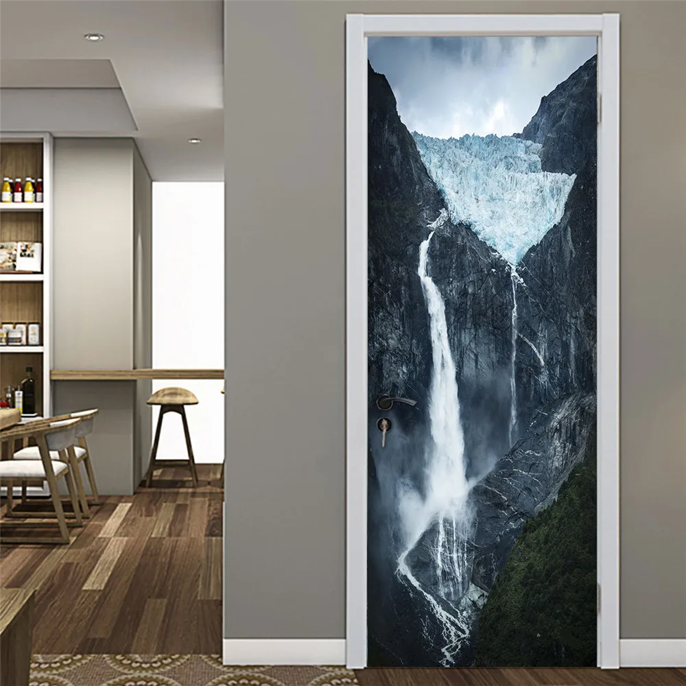 

Custom Size/77*200cm Spectacular Mountain Waterfall Door Sticker PVC Self-adhesive Waterproof Wallpaper DIY Home Decor Decals