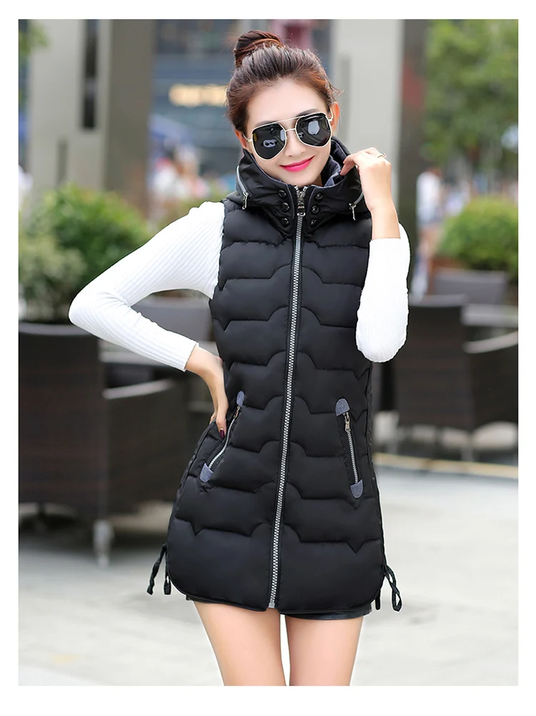 Осенне-зимний женский жилет жилет без рукавов жилет женский длинный тонкий уплотненный теплый с капюшоном женский жилет пальто размера плюс L-5XL