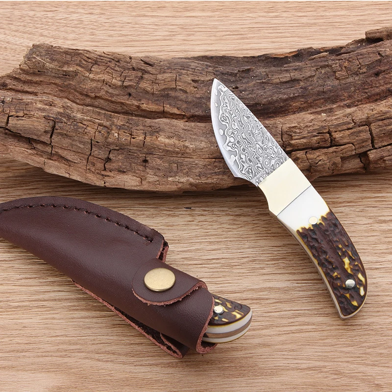 

CHACHEKA 59HRC Pocket Damascus Steel Straight Knife Imitation Antler Handle Outdoor Utility Knives Hunting Cutter Camping Tool