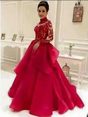 Красные вечерние платья с длинными рукавами эффект высокой шеи аппликация кружева пышные дешевые платья на выпускной длинное формальное Пышное Платье - Цвет: same as picture