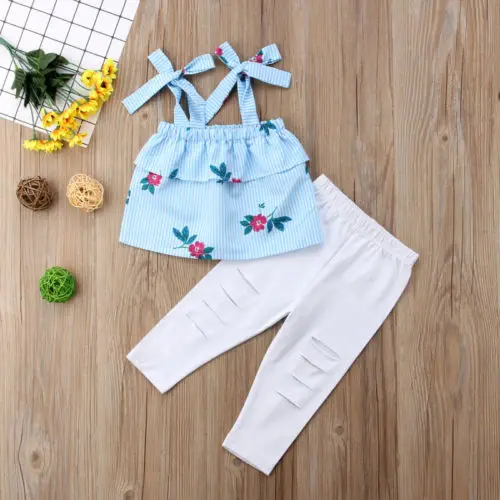 2 предмета; одинаковые комплекты для мамы и дочки с цветочным принтом; топы в полоску; штаны с дырками; комплект семейной одежды