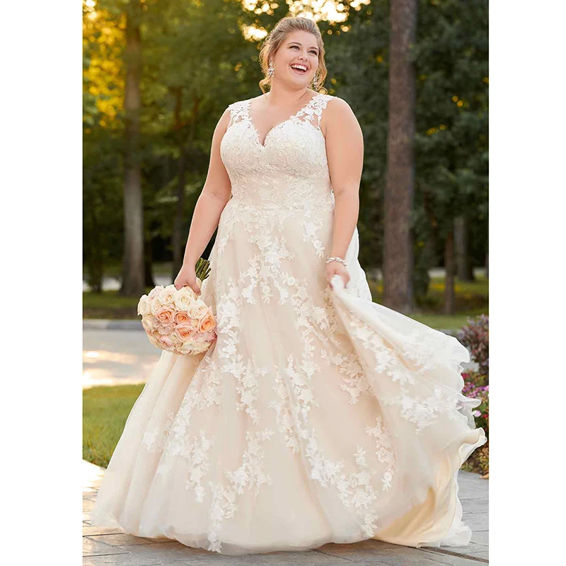 

Elegant Plus Size Wedding Dress 2019 V Neck Appliques A Line Lace vintage vestidos boda Wedding Gowns Bride Dress