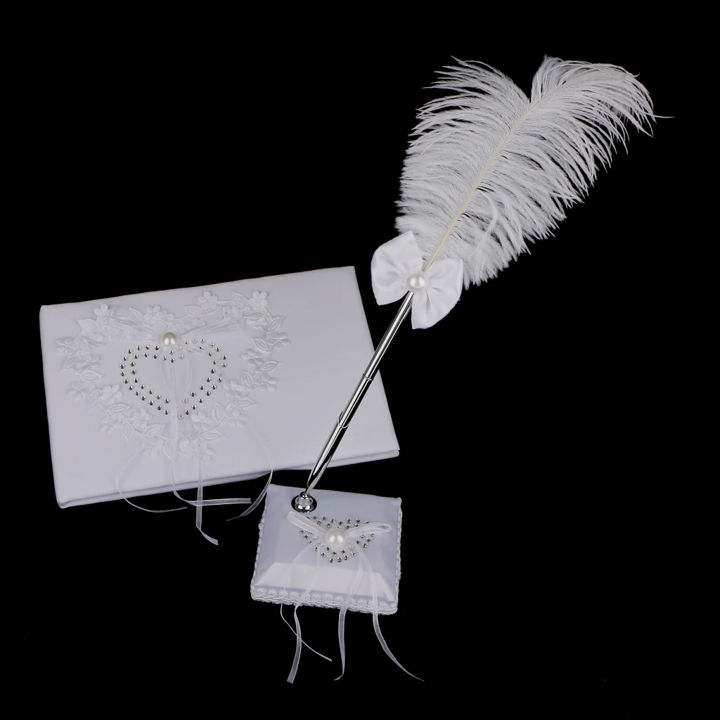 Guest Book Pen Wedding Heart White Reception Guest Book Feather Bowknot Pen and Stand Set Party Supplies