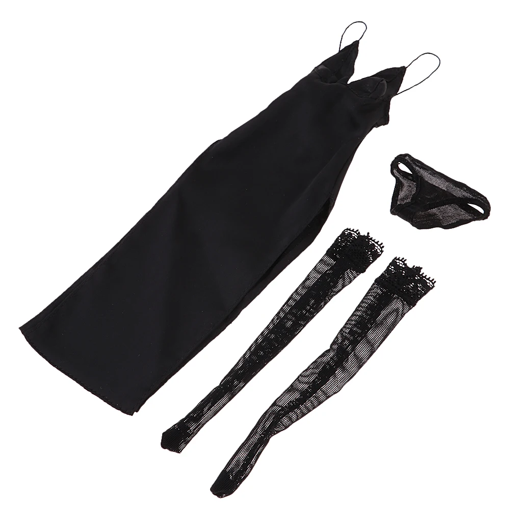 MagiDeal 1/6 ZY5025 Deep V Black Long Evening Dress Stockings Set for 12inch Female Figure Body Doll Accessories
