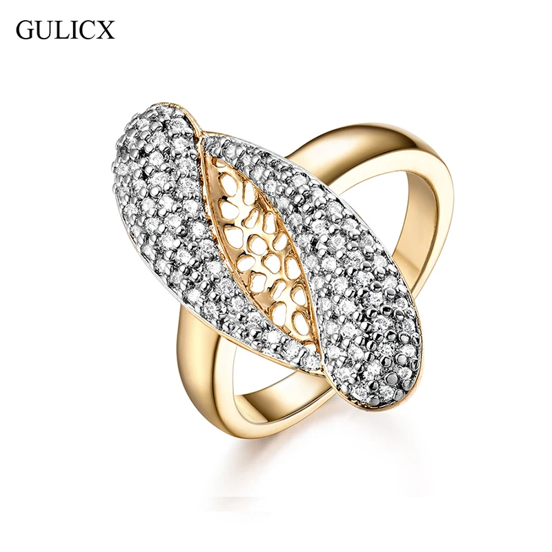 

GULICX Exaggerate New Fashion Female Wedding Bands Jewelry Gold-Color Engagement Ring for Women CZ Stone Paved Promise Rings