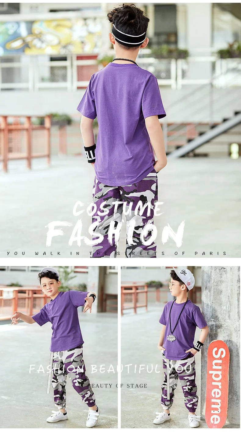 Костюм для мальчиков в стиле хип-хоп, фиолетовый топ с короткими рукавами, фиолетовые камуфляжные штаны, Детская уличная одежда, одежда для