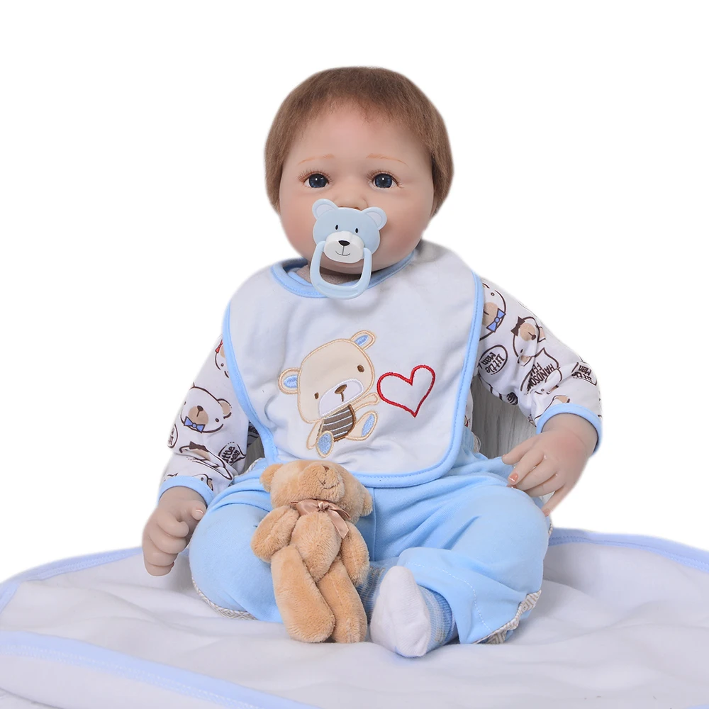 

Hot Sale 22 Inch Reborn Dolls Realistic Soft Silicone Baby Dolls Wear Cartoon Bear Clothes Lifelike New Babies Boy Toy Xmas Gift