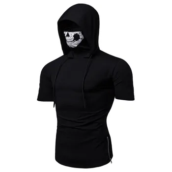

New Men's Stretch Fitness Men's Hooded Short-sleeved T-shirt Skull Mask High-quality Hiking Camping Fishing Clothig Large Size