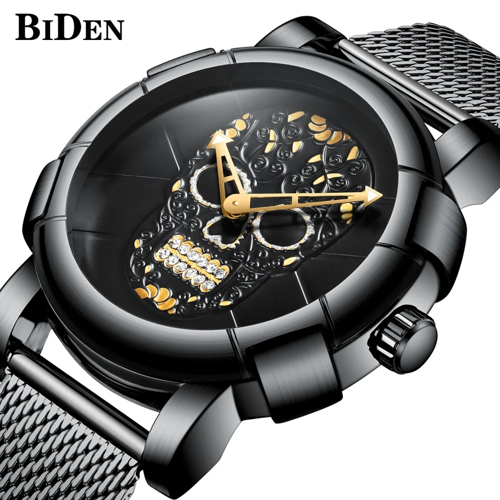 

BIDEN Top Brand Luxury Watches Men Waterproof Stainless steel Wristwatch Men Skull Design Fashion Quartz Watch Male Clock