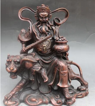 

JP S0011 10" Chinese Bronze Gilt Ride Tiger Yuanbao Dragon Money Wealth God Statue B0403