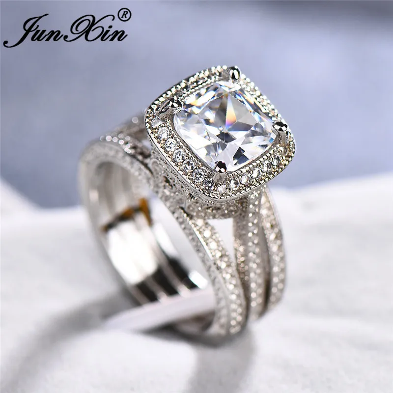 JUNXIN Charm Wedding Big Rings For Women 925 Sterling Silver Filled Princess Square Stone White Zircon Crystal Ring Female Gifts