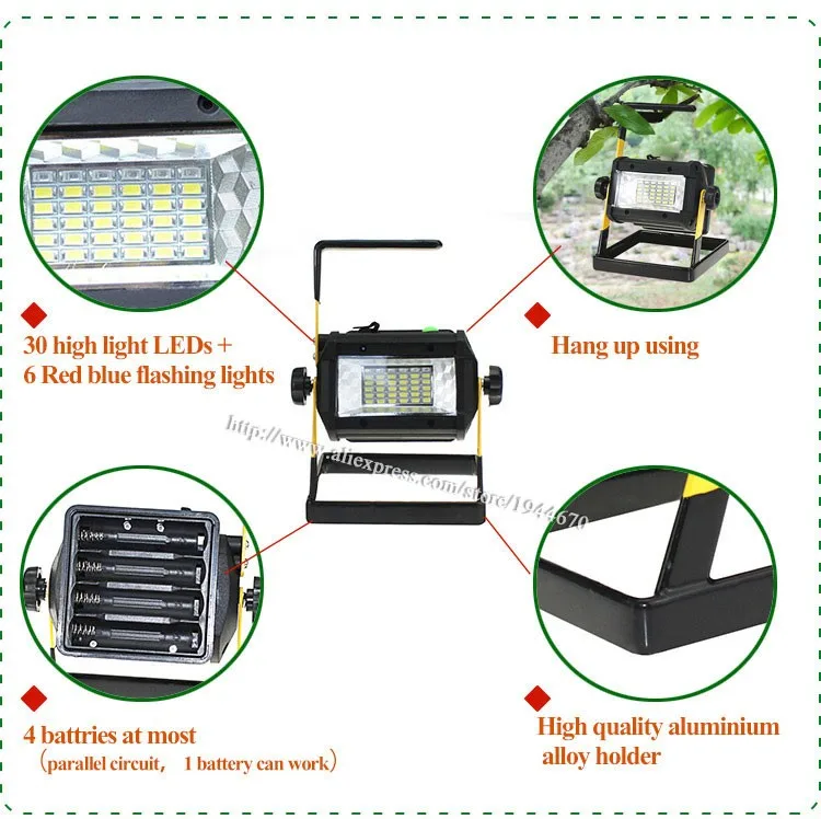 Rechargeable Floodlights 36 LED Flood Light Lamp for Outdoor Camping Work Light with AC Charger and 4*18650 Batteries