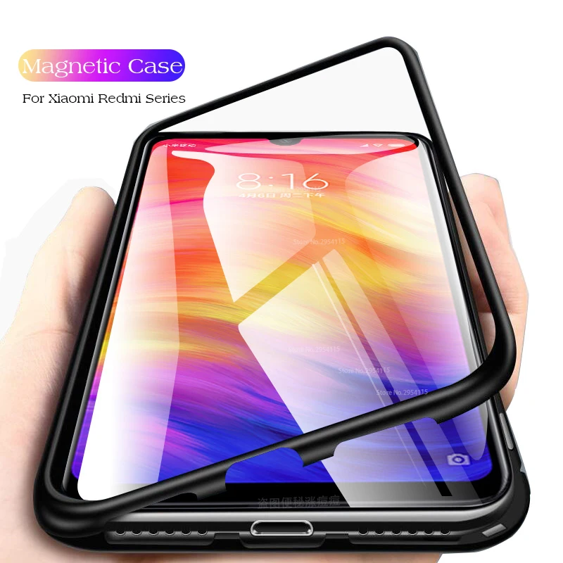 

Note7 Magnetic Adsorption Flip Case On The for Xiaomi Redmi Note 7 6 5 Pro Global Version Metal Frame Tempered Glass Back Cover