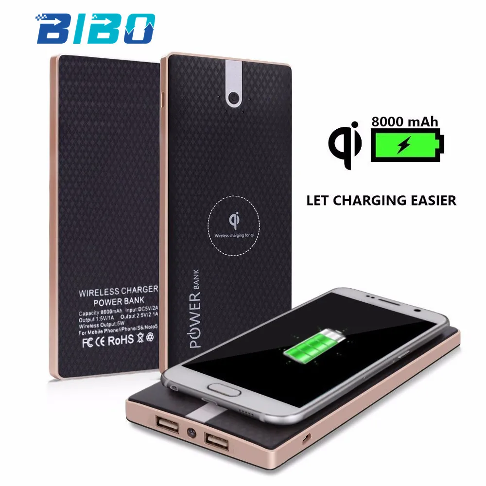 Wireless Power Bank 8000mAh 2USB Interface LED Lights Portable Mobile ...