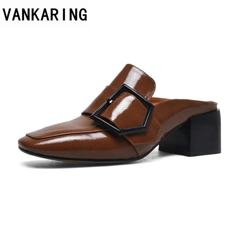 

VANKARING new summer 2018 slippers women square heel shoes ladies square toe buckle high heels woman casual date office sandals