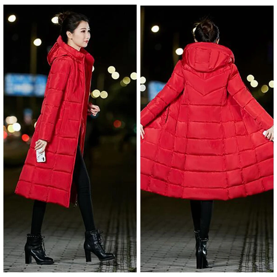Long Slim Down Coat Women Winter M-6XL Plus Size Hooded Down Jacket Warm Cotton Clothes Zipper Pocket Fashion Elegant Women Coat
