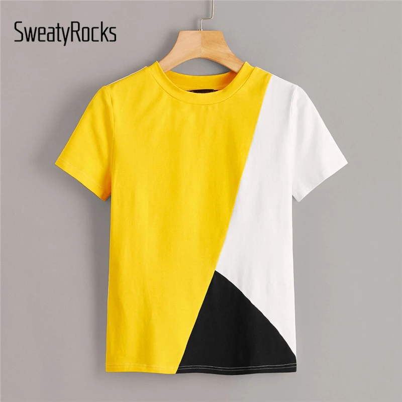 SweatyRocks اللون كتلة تي شيرتات قصيرة الاكمام الشارع الشهير المحملة قميص فام 2019 الصيف قمم السيدات جولة الرقبة أساسيات تيز SweatyRocks اللون كتلة تي شيرتات قصيرة الاكمام الشارع الشهير المحملة قميص فام 2019 الصيف قمم السيدات جولة الرقبة أساسيات تيز