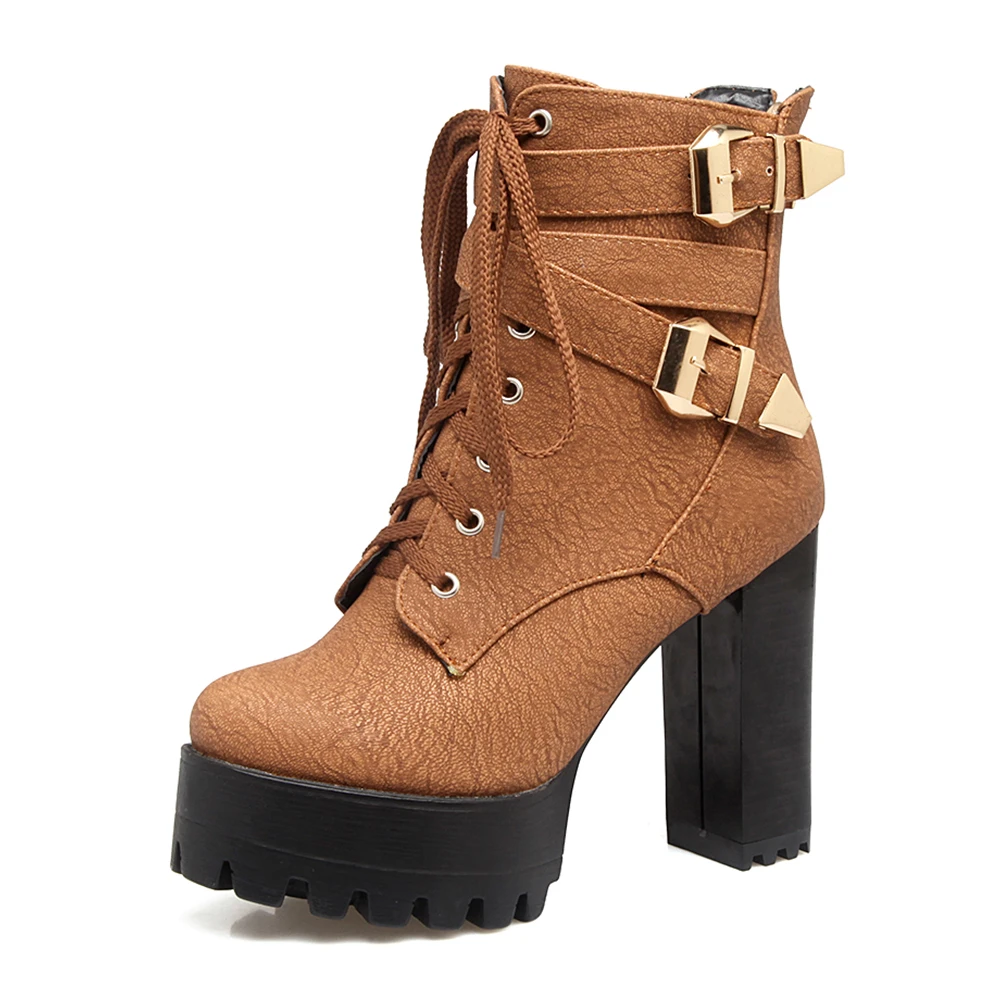 BONJOMARISA/ г. Весенне-зимние женские ботильоны черные ботинки на платформе и высоком каблуке 11 см размера плюс 33-50, женская обувь на шнуровке - Цвет: brown