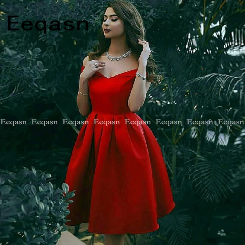 

Elegant Red Off Shoulder Cocktail Dresses Short 2019 A-line Satin Formal Party Dress Homecoming robe cocktail