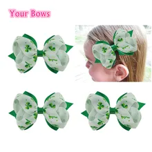 1PC 4Inches St.Patricks Day Shamrock Hair Bows Baby Girls Hair Clips Grosgrain Ribbon Baby Bows For Girls Hair Accessories
