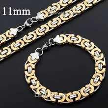 Davieslee 6/11mm Mens Boys Flat Byzantine Necklace Gold Silver(color) Stainless Steel Chain Bracelet Jewelry Set DLKS117
