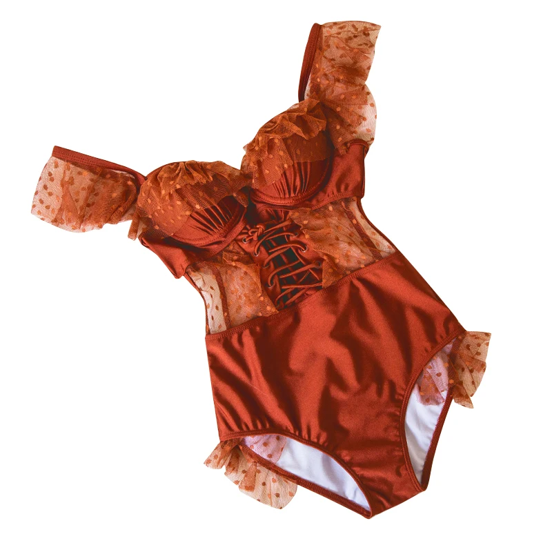 Swimwear push up womens one piece bathing suits Ruffled transparent Orange black Sexy Swimsuit Female Bather Bathing Suit Swim M