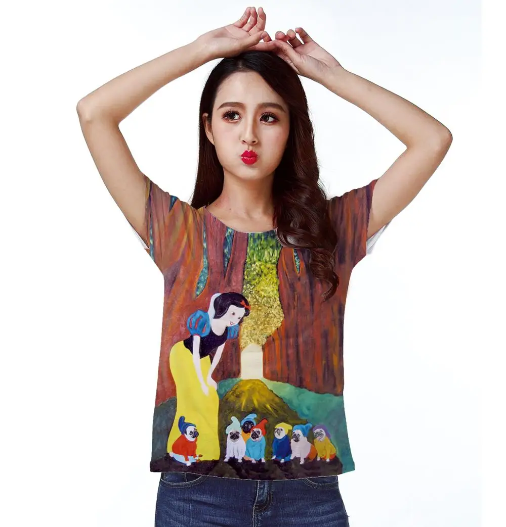 

T-shirt Top Tee Snow White Girl with Seven Dwafts Dressed Pug Dog in Forest 0427
