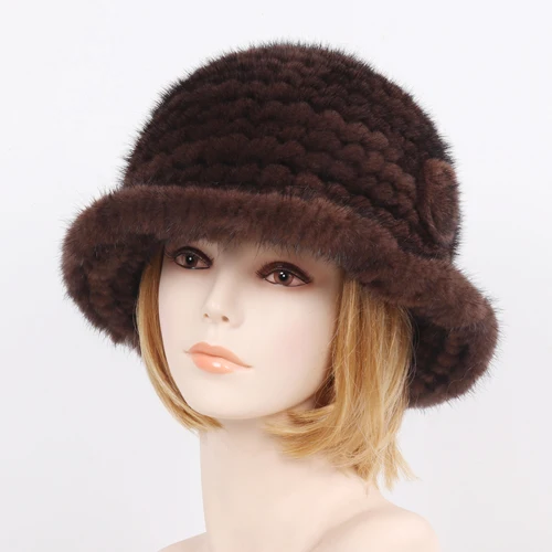 Новая Вязанная женская меховая шапка из натуральной норки, женская зимняя теплая шапка из натурального меха норки, роскошная Повседневная шапка ручной работы из натурального меха норки s - Цвет: BROWN