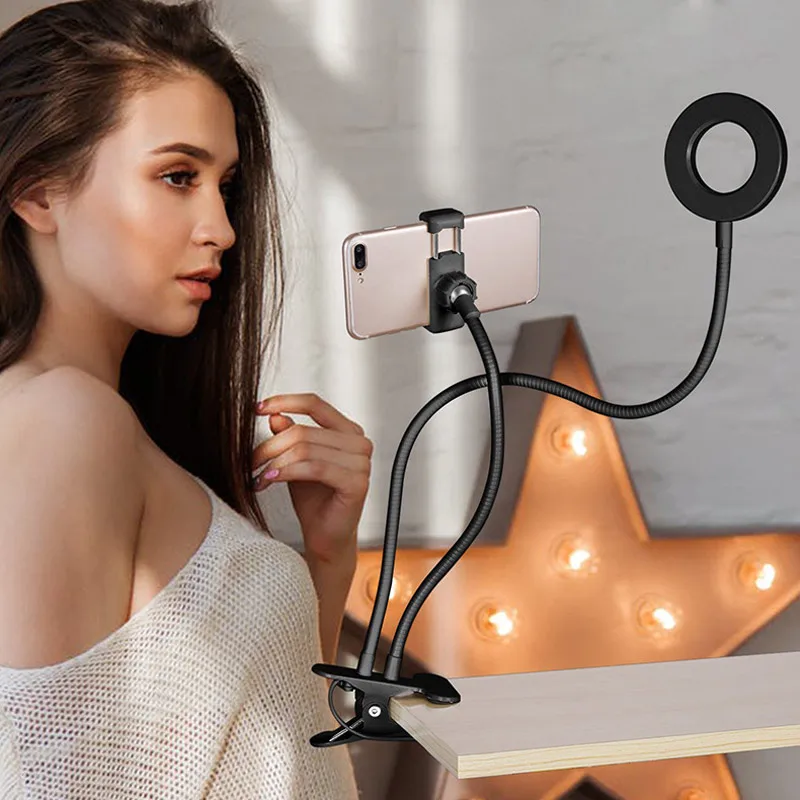 Online 360 grad Telefon Halter Clip Halterung Lange Arm Flexible Desktop Stehen Dimmbare LED Füllen Licht Selfie Ring Licht Für Foto video