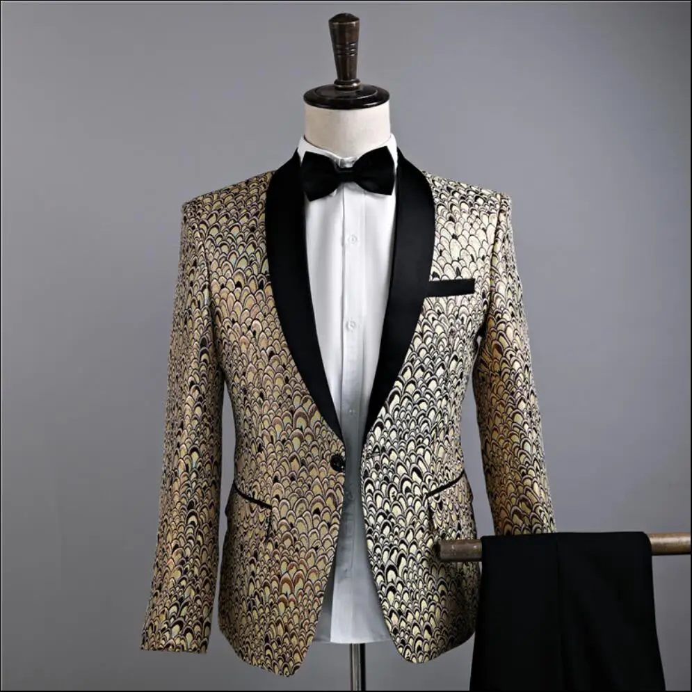 

Men Flower Suit Groom Wedding Formal Dress Party Singer Stage Performance Dresses Slim Nigghtclub Bars Singers Choral Slim