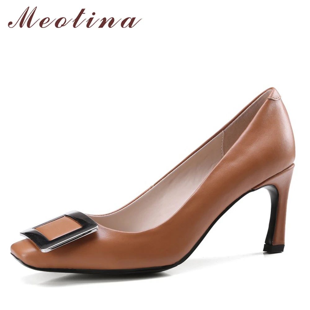 Meotina Natural Leather Women Pumps High Heels Office Lady Shoes Square Toe Buckle Female Shoes Cow Leather Career Shoes Black