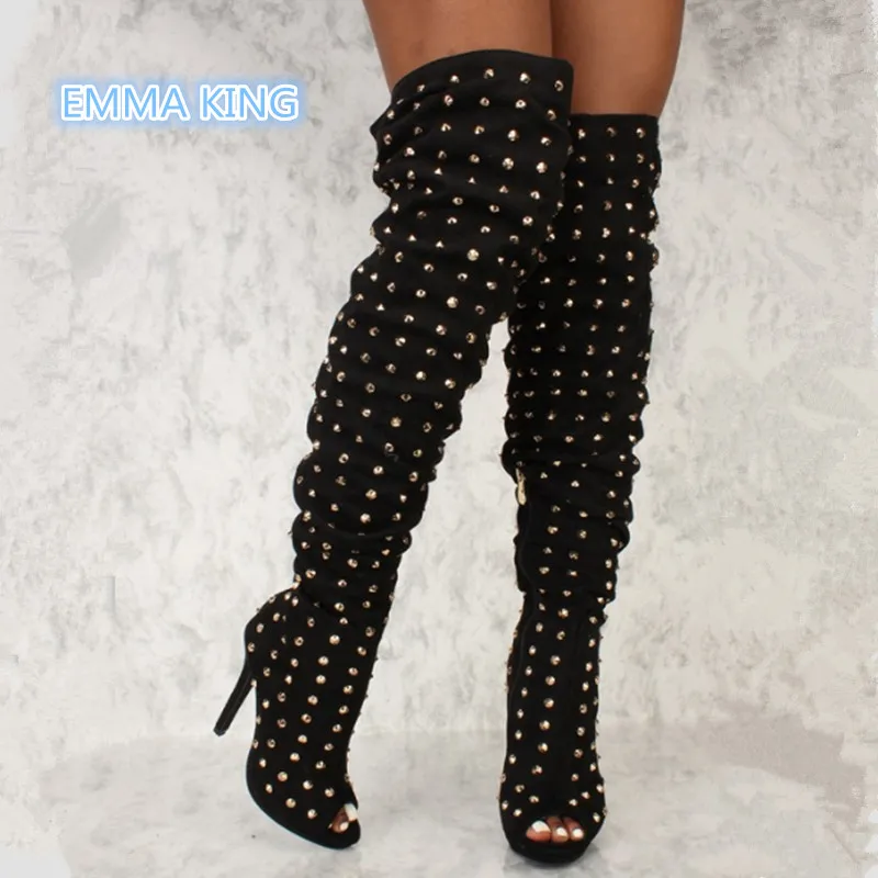 

Fashion Peep Toe Pleated Over The Knee Boots Women Rivets Studded Stilettos Sexy Thigh High Boots Suede High Heel Booties Mujer