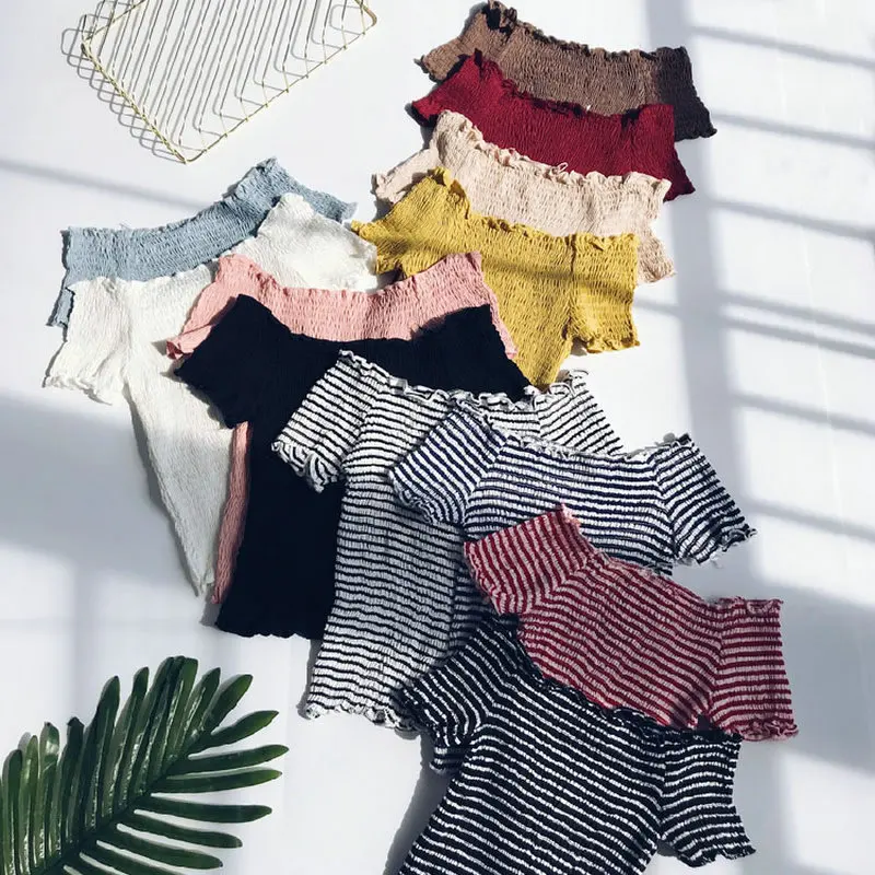 

2019 Women Slash Neck Preppy Shirt Casual Sweet Lady Off Shoulder Short Sleeve Elastic High Waist Slim Blouse Sexy Crop Tube Top