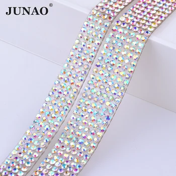 

JUNAO 5Yard Clear AB Crystal Fabric Hotfix Rhinestone Trim Chain Glitter Glass Ribbon Strass Applique Banding for Clothes Crafts