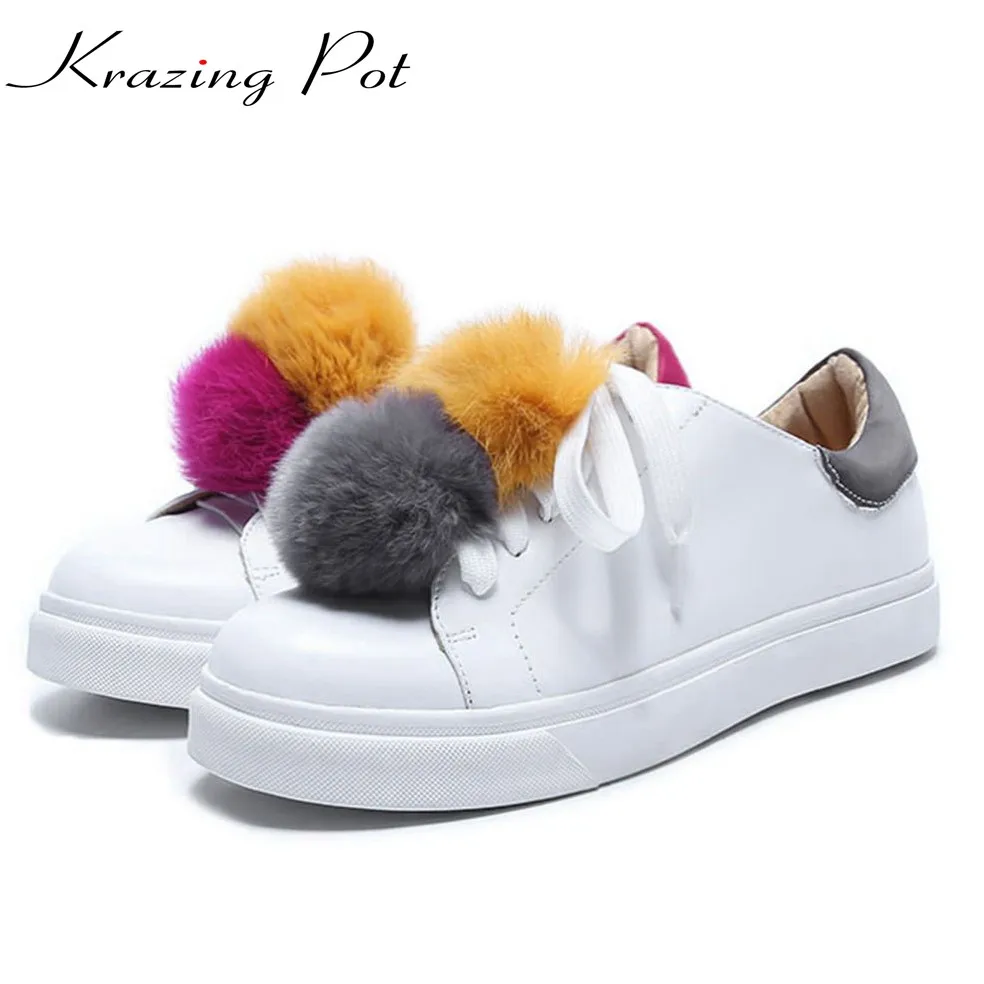 

Krazing Pot genuine leather superstar round toe sneaker solid causal shoes colorful rabbit fur women cozy vulcanized shoes L00