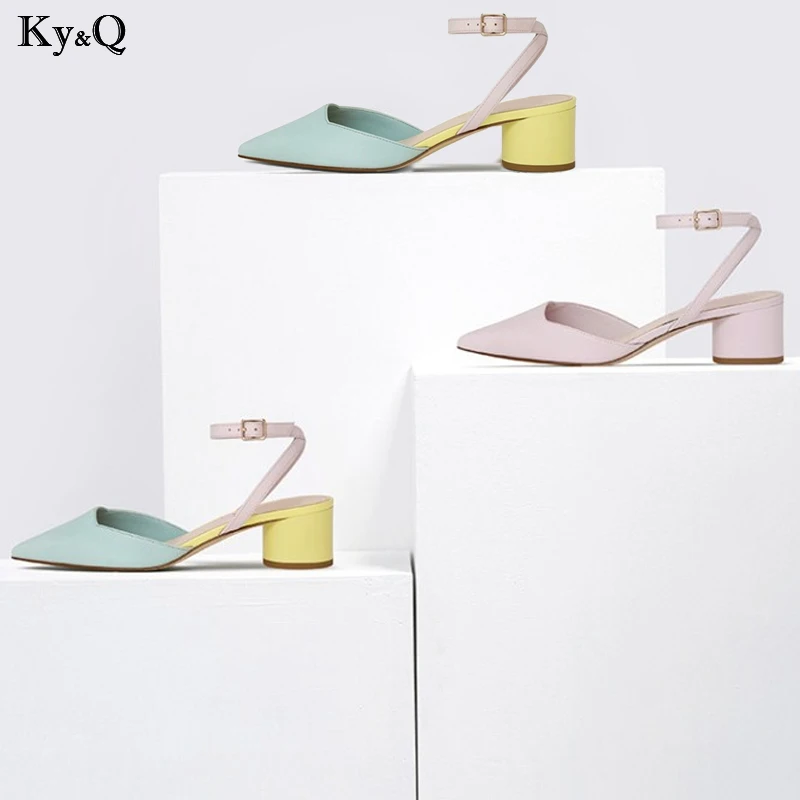 

2019 Spring New Ladies Fashion Simple Pointed Comfortable Coarse With Baotou Word Buckle With Shallow Mouth Wild Sandals 3-5cm