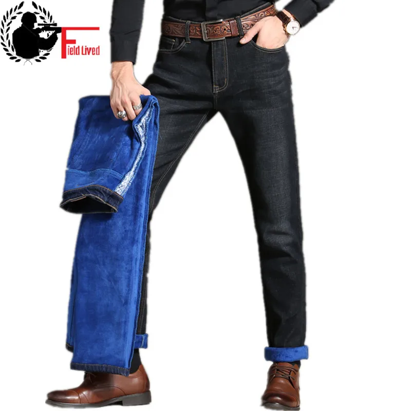 Men Winter Thicken Stretch Denim Jeans Warm Blue Thick Fleece Lined