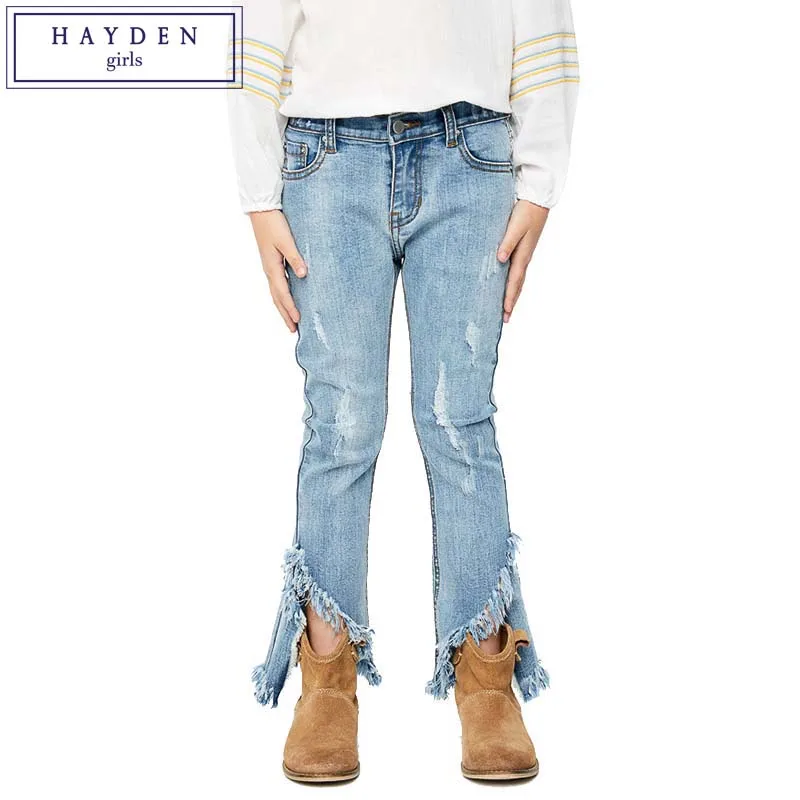 HAYDEN Teen Girls Flare Jeans Kids Fashion Wide Ripped Denim Pants Children's Boot Cut Trousers Tassel Frayed Hem 2017 Spring appliqued frayed denim overalls