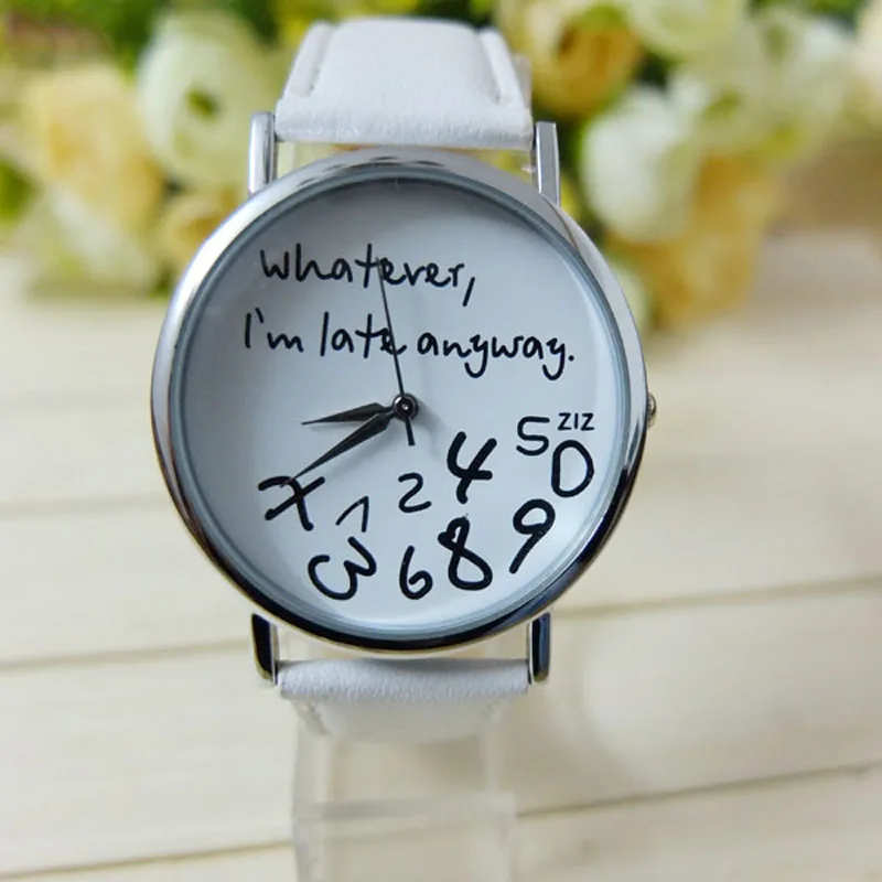 Mance что я поздно в любом случае с надписью кожа Для мужчин Для женщин Часы свежий Новый стиль женские наручные женские часы Лидер продаж