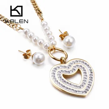 

KALEN Bohemia Zircon Heart Stainless Steel Jewelry Sets For Women Simulated Pearl Earrings Necklaces Sets Women Wedding Gifts