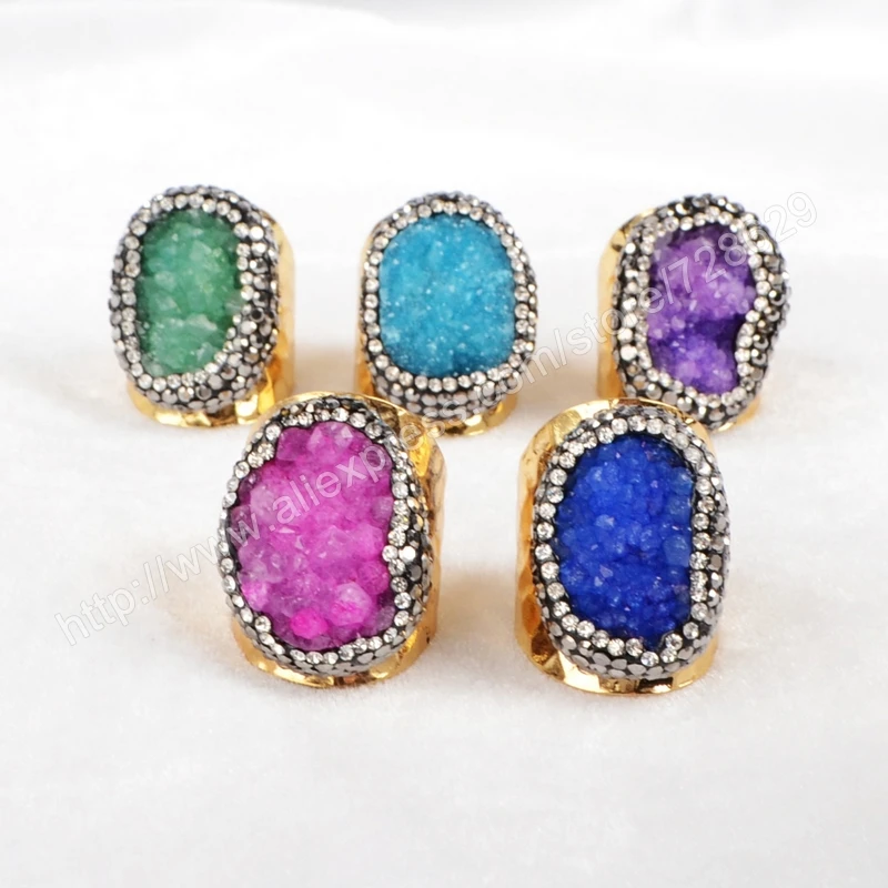 

BOROSA 5Pcs/lot New Designer Fine Jewelry Rainbow Crystal Druzy Geode Gold cuff Ring Paved Zircons drusy rhinestones JAB149