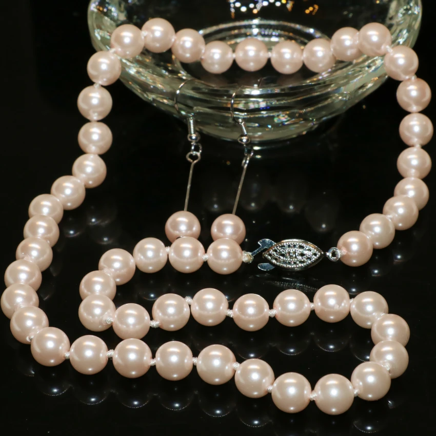

Party gifts elegant 8mm pink faux pearl shell round beads necklace earrings set pretty weddings top quality jewelry 18inch B2365